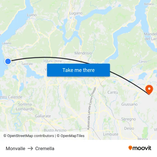 Monvalle to Cremella map