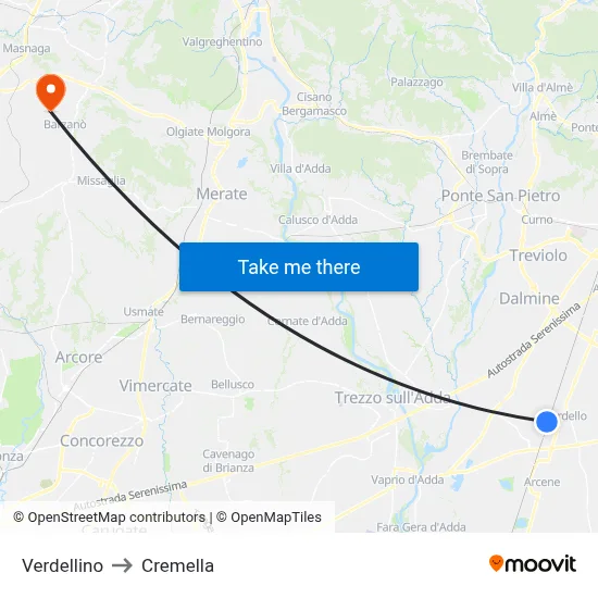Verdellino to Cremella map