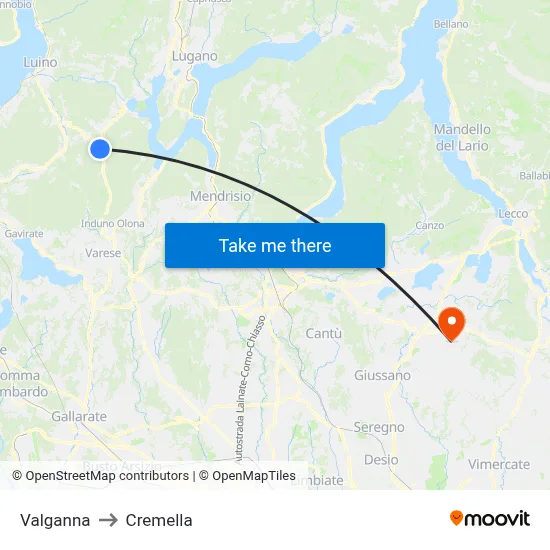 Valganna to Cremella map