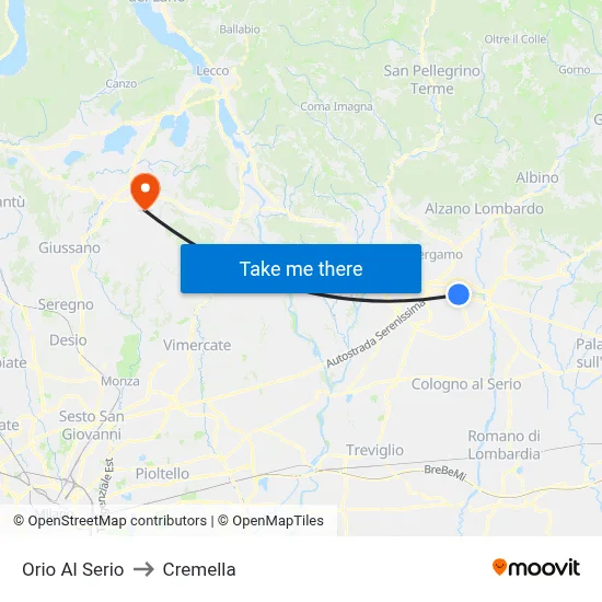 Orio Al Serio to Cremella map