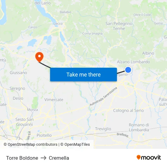 Torre Boldone to Cremella map