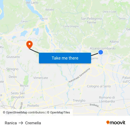 Ranica to Cremella map