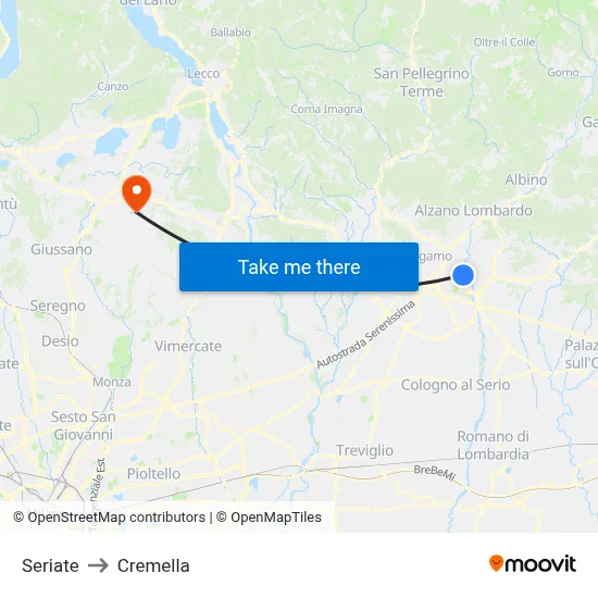 Seriate to Cremella map