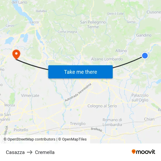 Casazza to Cremella map