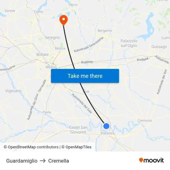 Guardamiglio to Cremella map