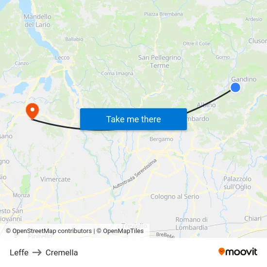 Leffe to Cremella map