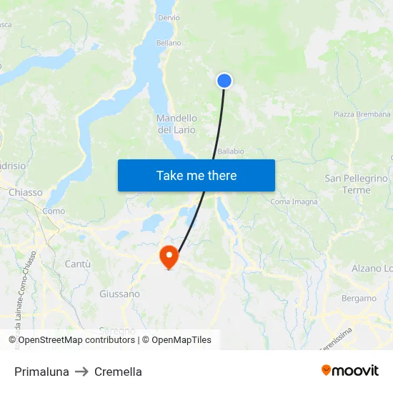Primaluna to Cremella map