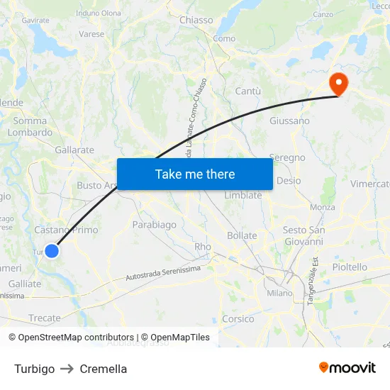Turbigo to Cremella map