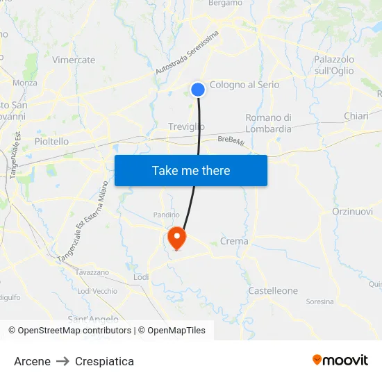 Arcene to Crespiatica map