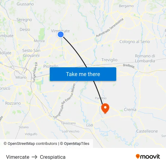 Vimercate to Crespiatica map