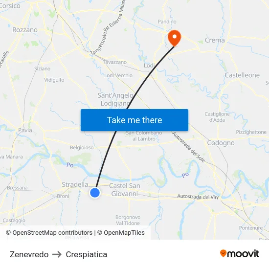 Zenevredo to Crespiatica map