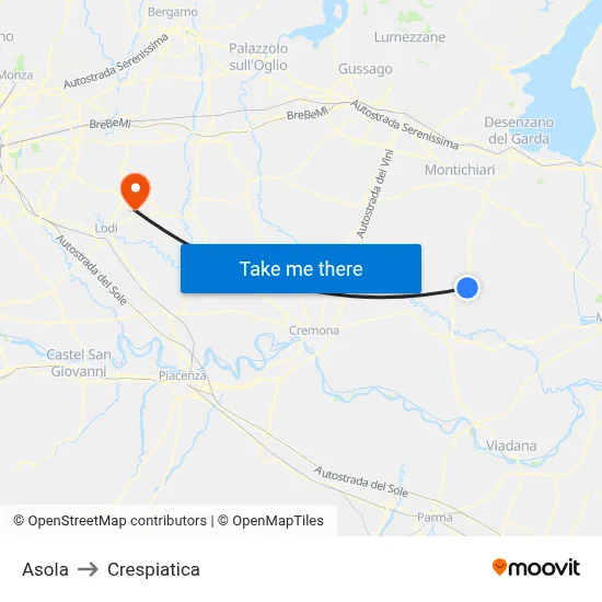 Asola to Crespiatica map