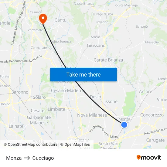 Monza to Cucciago map