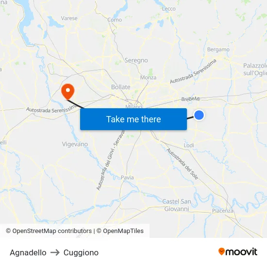 Agnadello to Cuggiono map