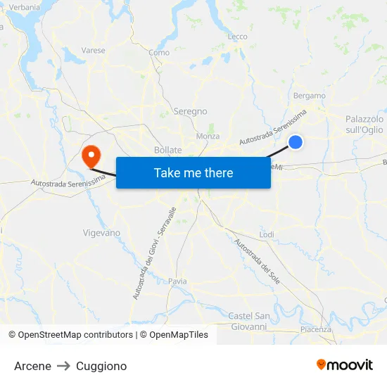 Arcene to Cuggiono map