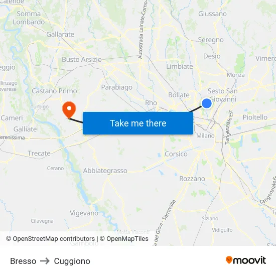 Bresso to Cuggiono map