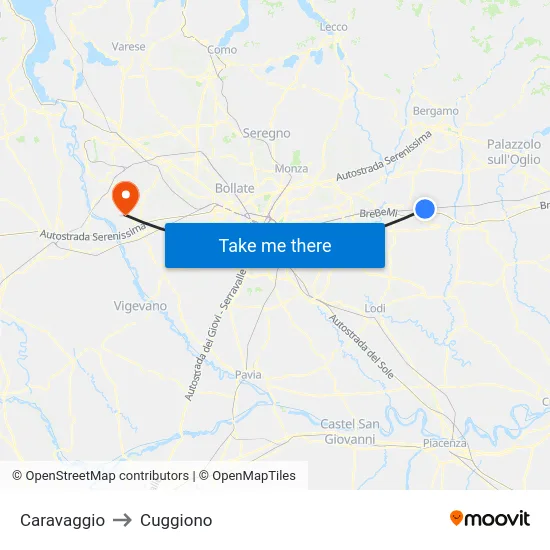 Caravaggio to Cuggiono map