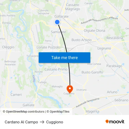 Cardano al Campo to Cuggiono map