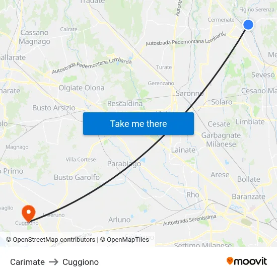 Carimate to Cuggiono map