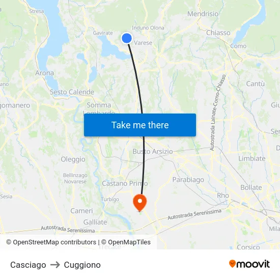 Casciago to Cuggiono map