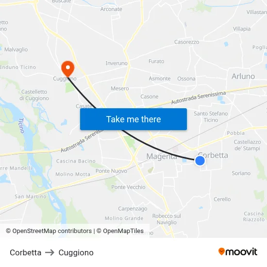 Corbetta to Cuggiono map