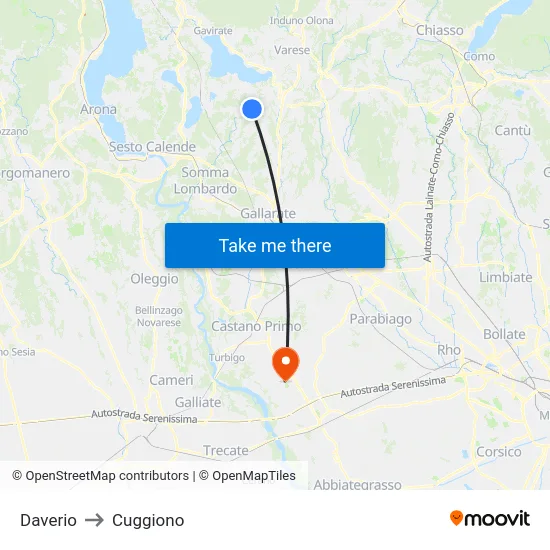 Daverio to Cuggiono map