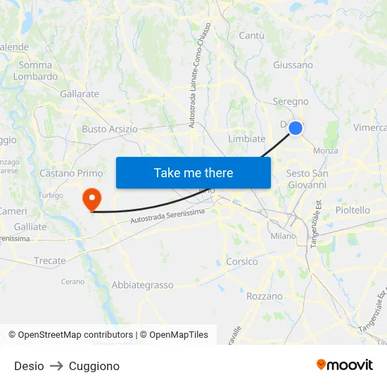 Desio to Cuggiono map