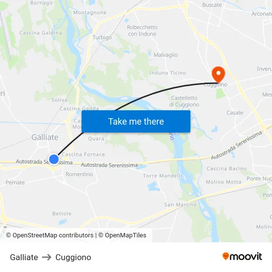 Galliate to Cuggiono map