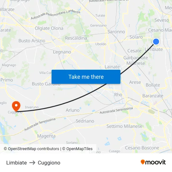 Limbiate to Cuggiono map