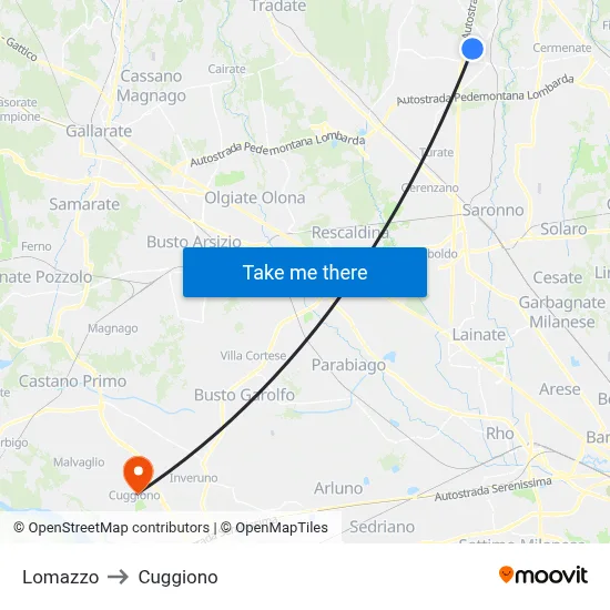 Lomazzo to Cuggiono map