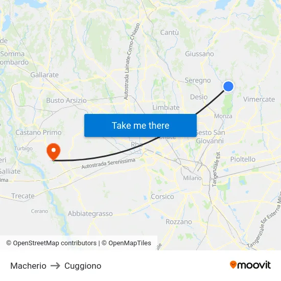 Macherio to Cuggiono map