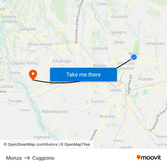 Monza to Cuggiono map