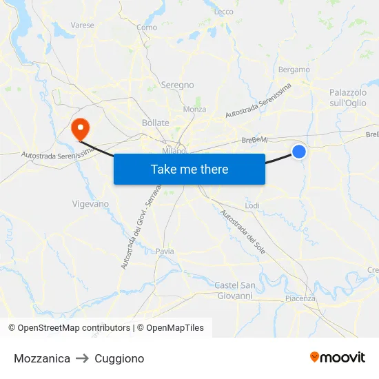 Mozzanica to Cuggiono map