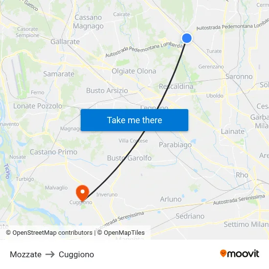 Mozzate to Cuggiono map