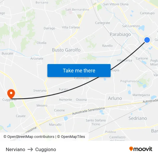Nerviano to Cuggiono map