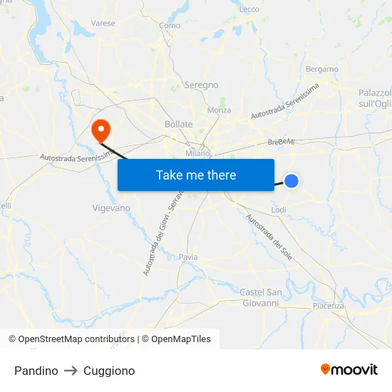 Pandino to Cuggiono map