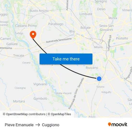 Pieve Emanuele to Cuggiono map