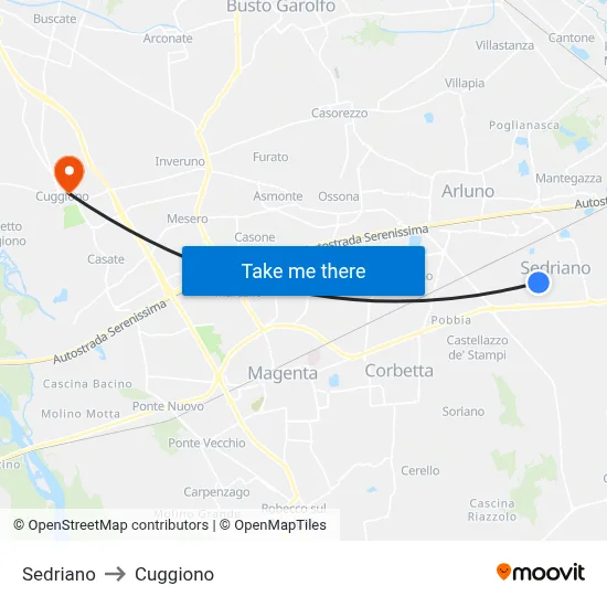 Sedriano to Cuggiono map