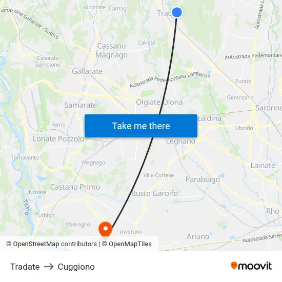 Tradate to Cuggiono map