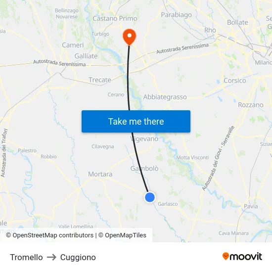 Tromello to Cuggiono map
