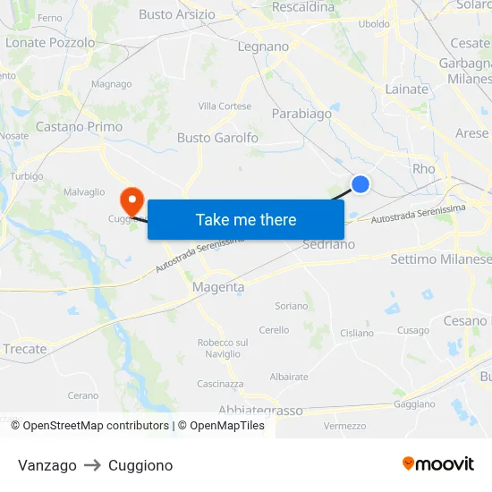 Vanzago to Cuggiono map