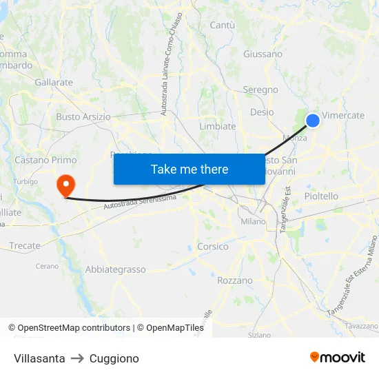 Villasanta to Cuggiono map