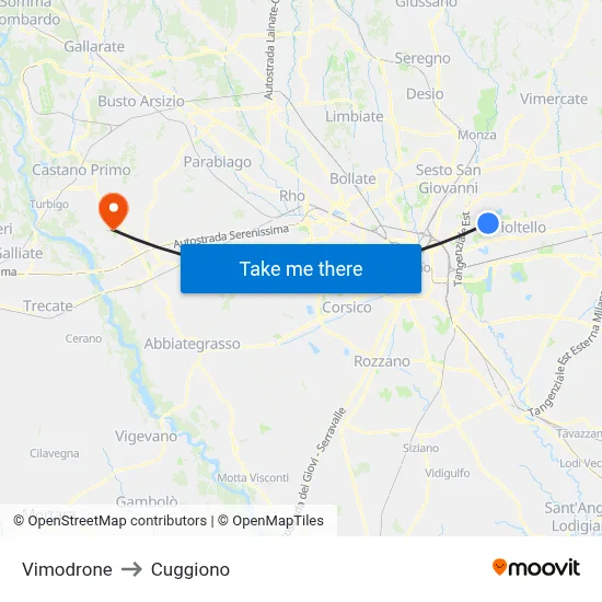 Vimodrone to Cuggiono map