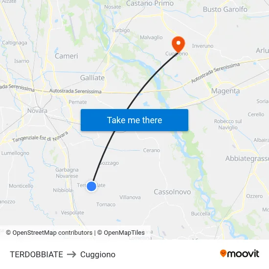 Terdobbiate to Cuggiono map