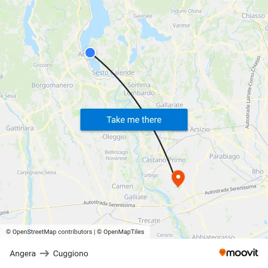 Angera to Cuggiono map