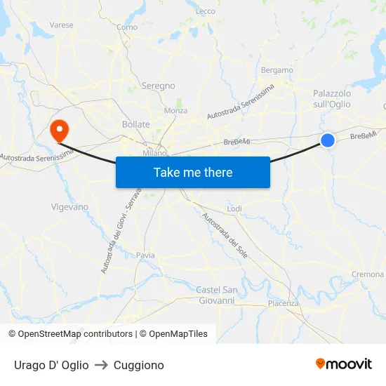 Urago D' Oglio to Cuggiono map