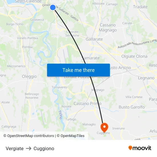 Vergiate to Cuggiono map
