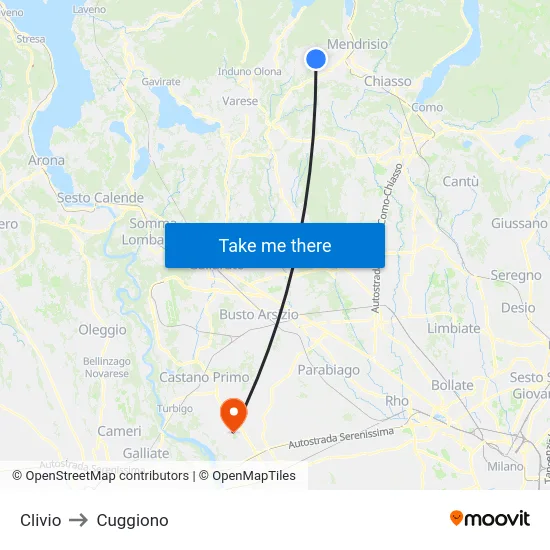 Clivio to Cuggiono map