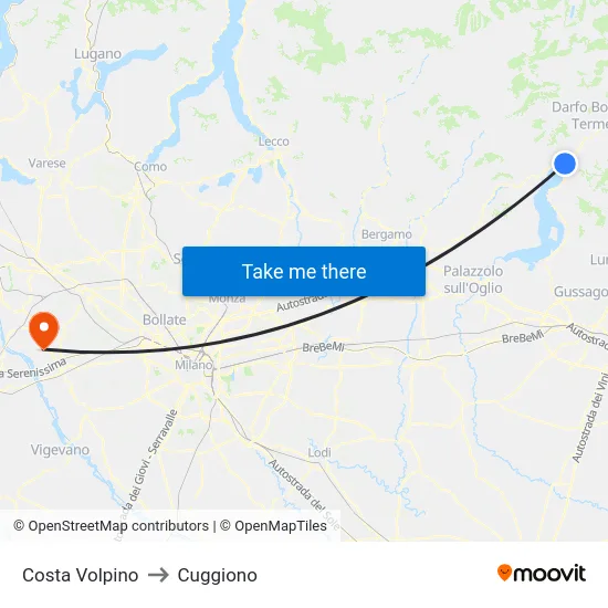 Costa Volpino to Cuggiono map
