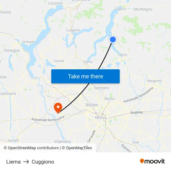 Lierna to Cuggiono map